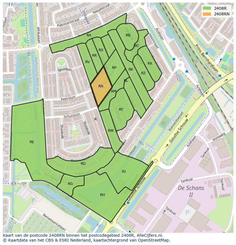Afbeelding van het postcodegebied 2408 RN op de kaart.