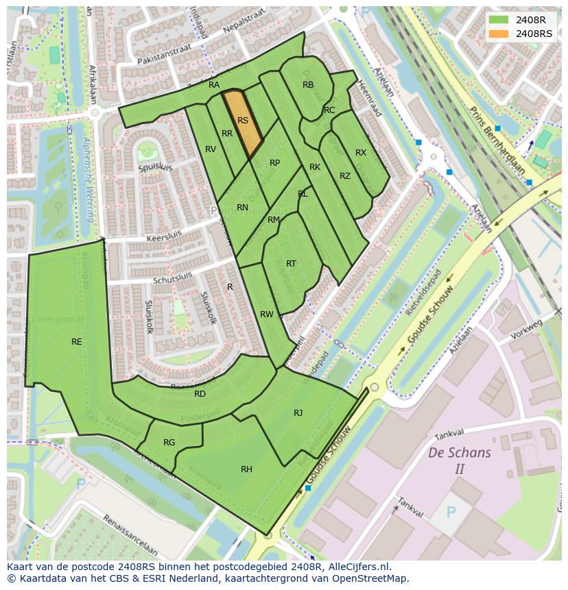 Afbeelding van het postcodegebied 2408 RS op de kaart.