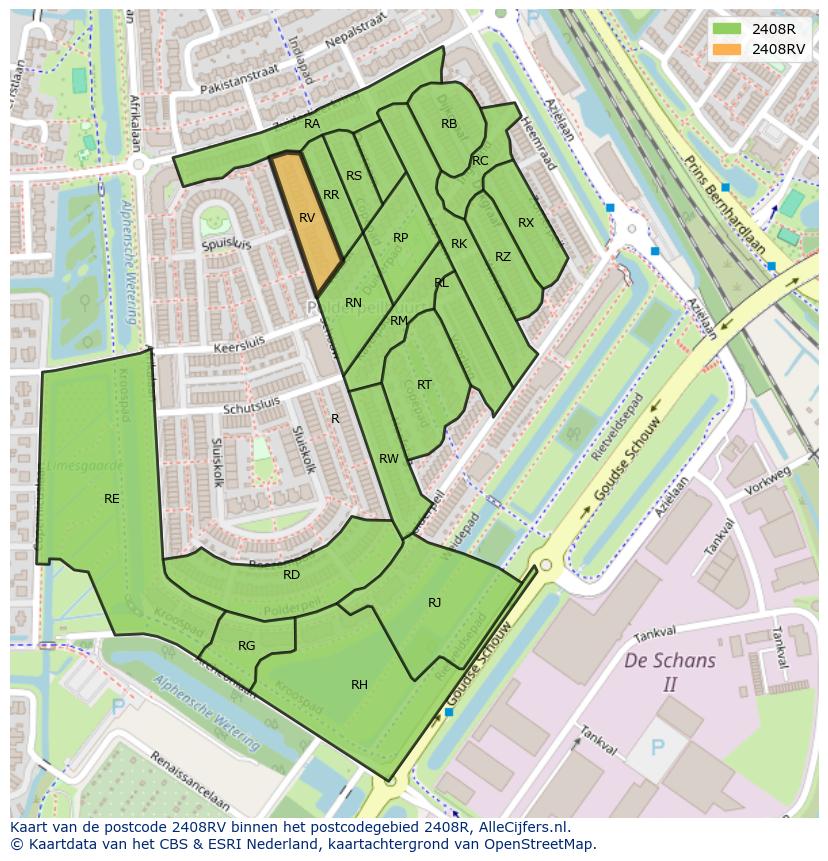 Afbeelding van het postcodegebied 2408 RV op de kaart.