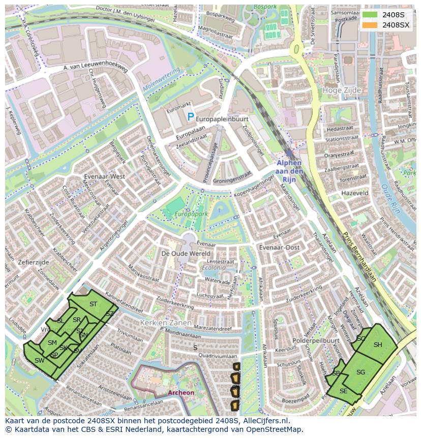 Afbeelding van het postcodegebied 2408 SX op de kaart.
