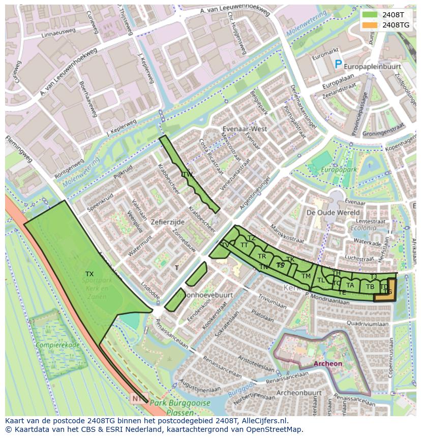 Afbeelding van het postcodegebied 2408 TG op de kaart.