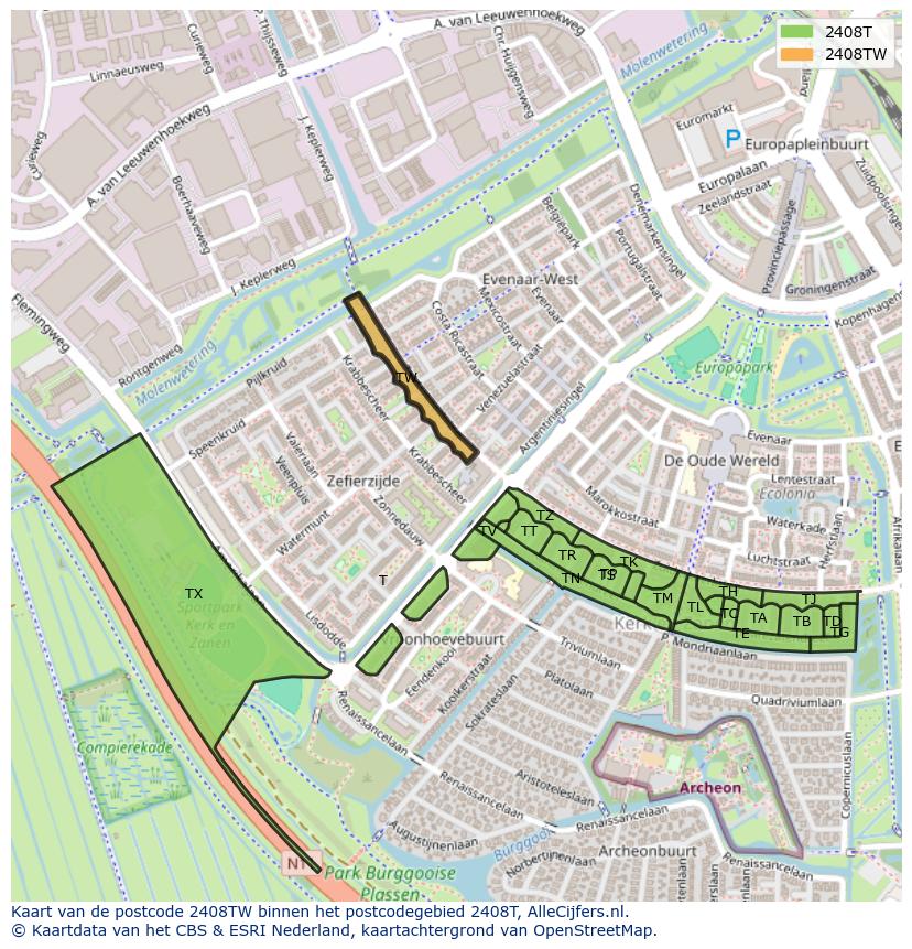 Afbeelding van het postcodegebied 2408 TW op de kaart.