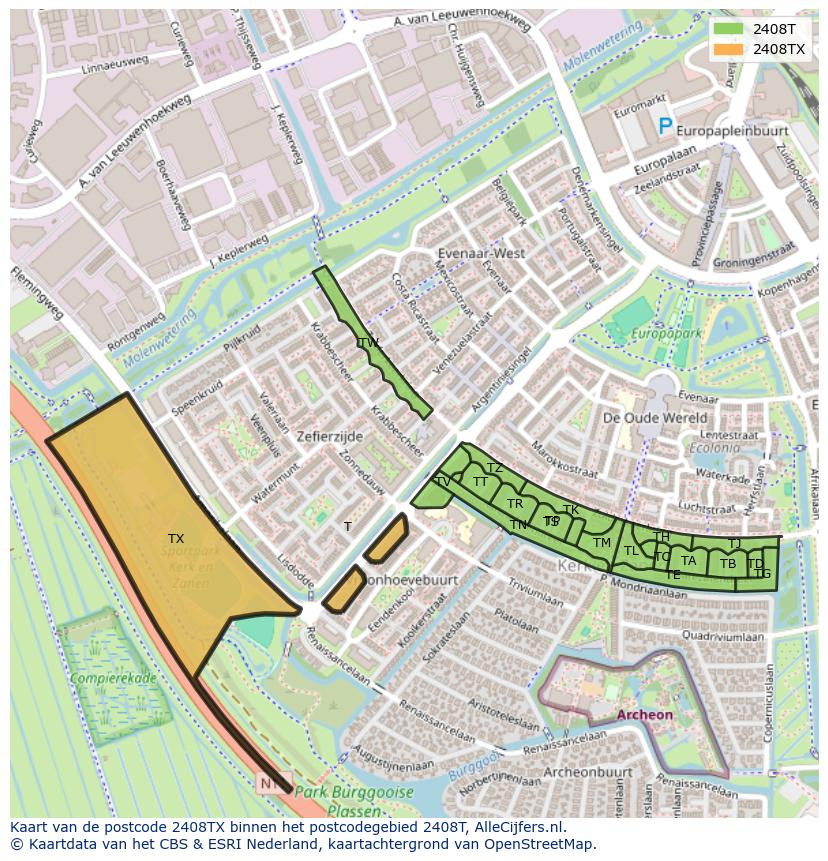 Afbeelding van het postcodegebied 2408 TX op de kaart.