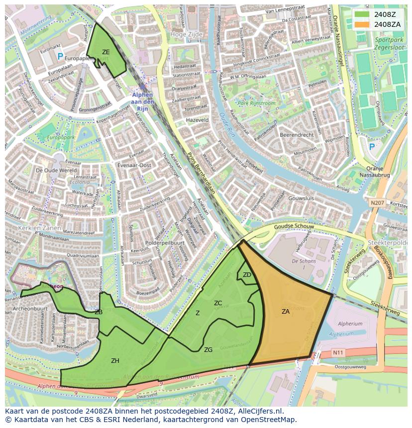 Afbeelding van het postcodegebied 2408 ZA op de kaart.