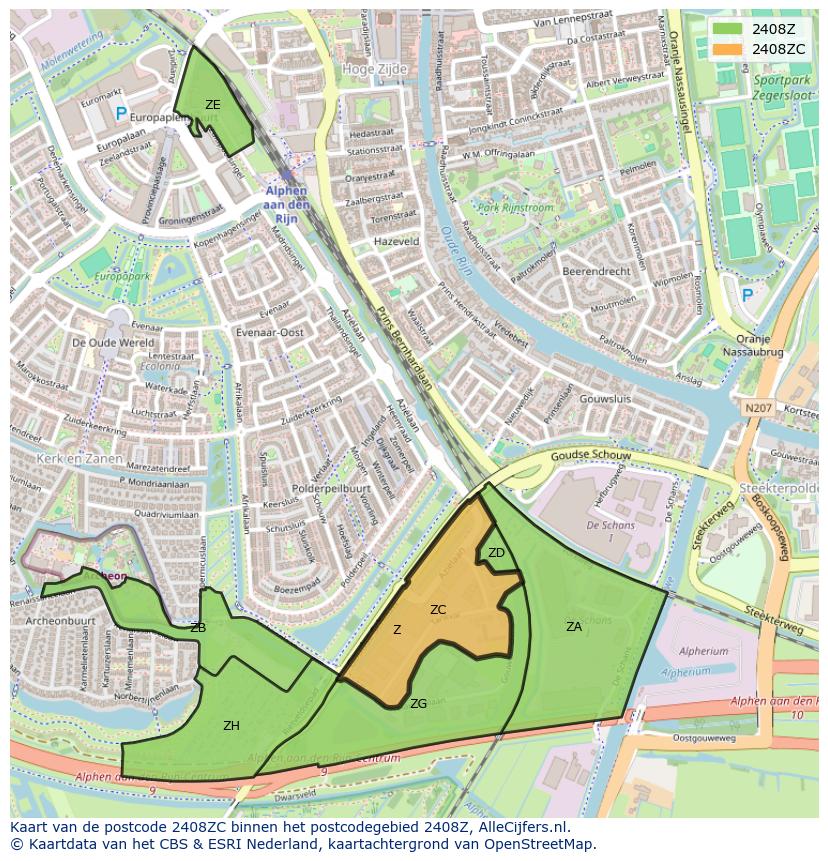 Afbeelding van het postcodegebied 2408 ZC op de kaart.