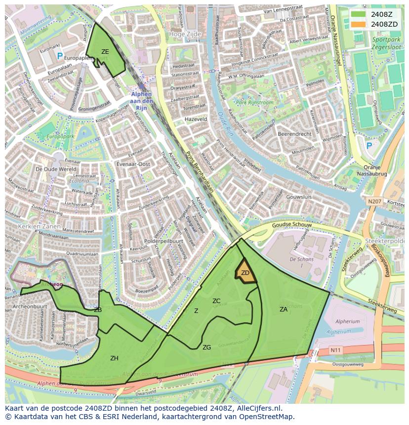 Afbeelding van het postcodegebied 2408 ZD op de kaart.