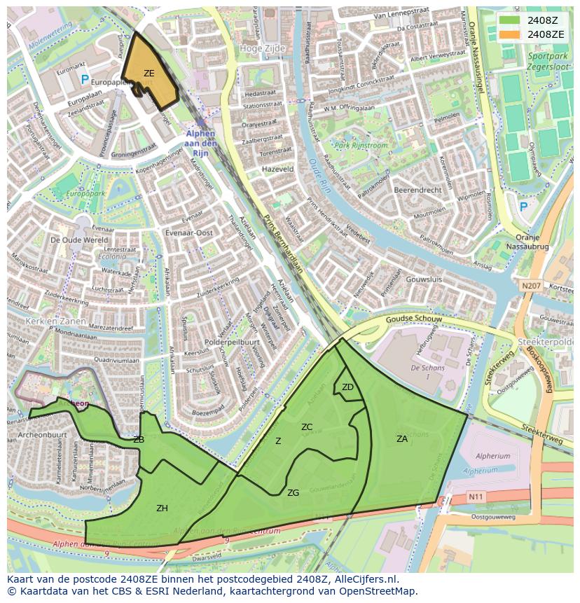 Afbeelding van het postcodegebied 2408 ZE op de kaart.
