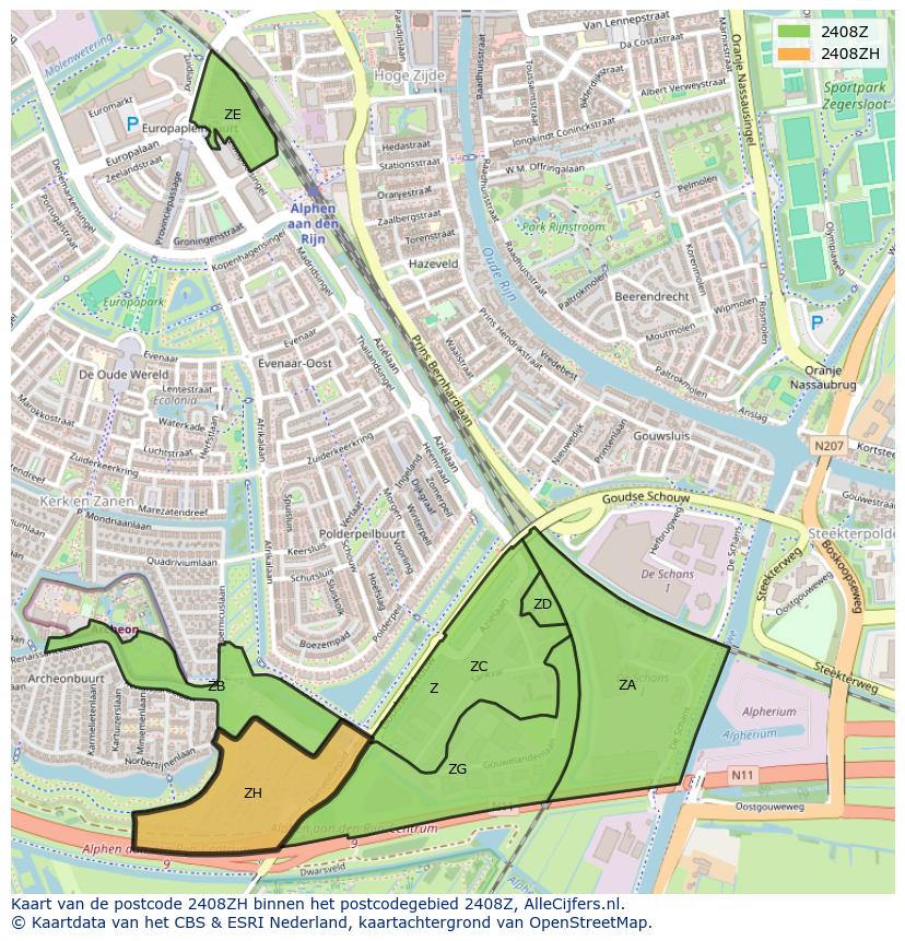 Afbeelding van het postcodegebied 2408 ZH op de kaart.