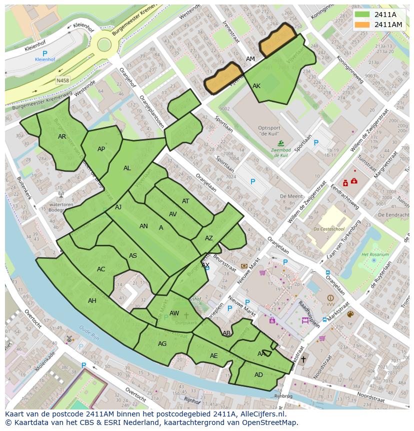 Afbeelding van het postcodegebied 2411 AM op de kaart.
