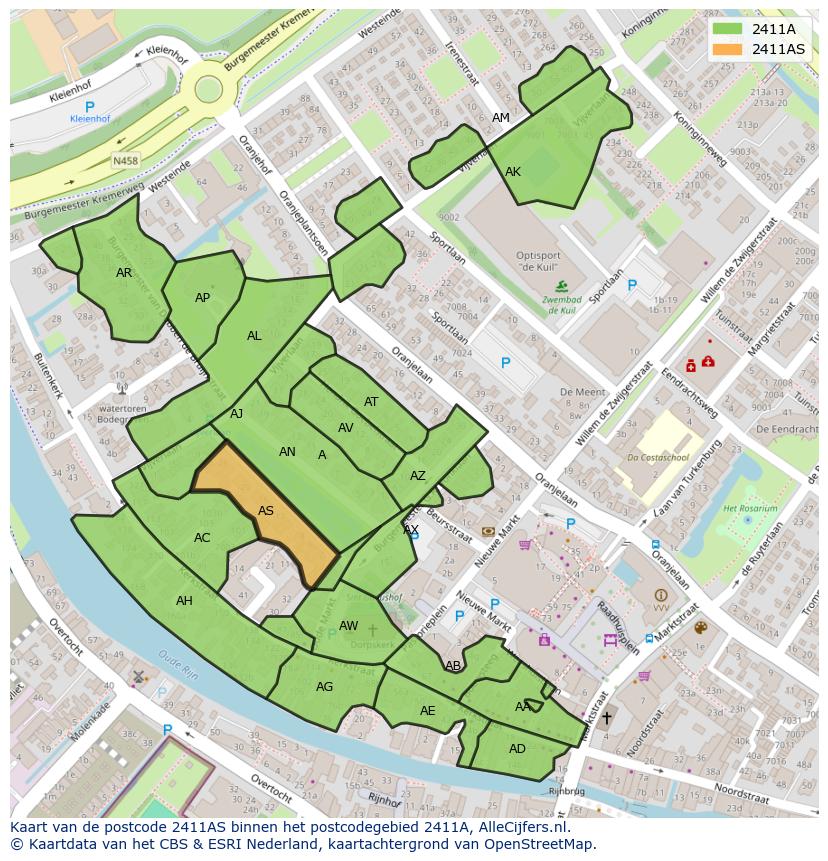Afbeelding van het postcodegebied 2411 AS op de kaart.