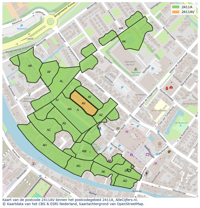 Afbeelding van het postcodegebied 2411 AV op de kaart.