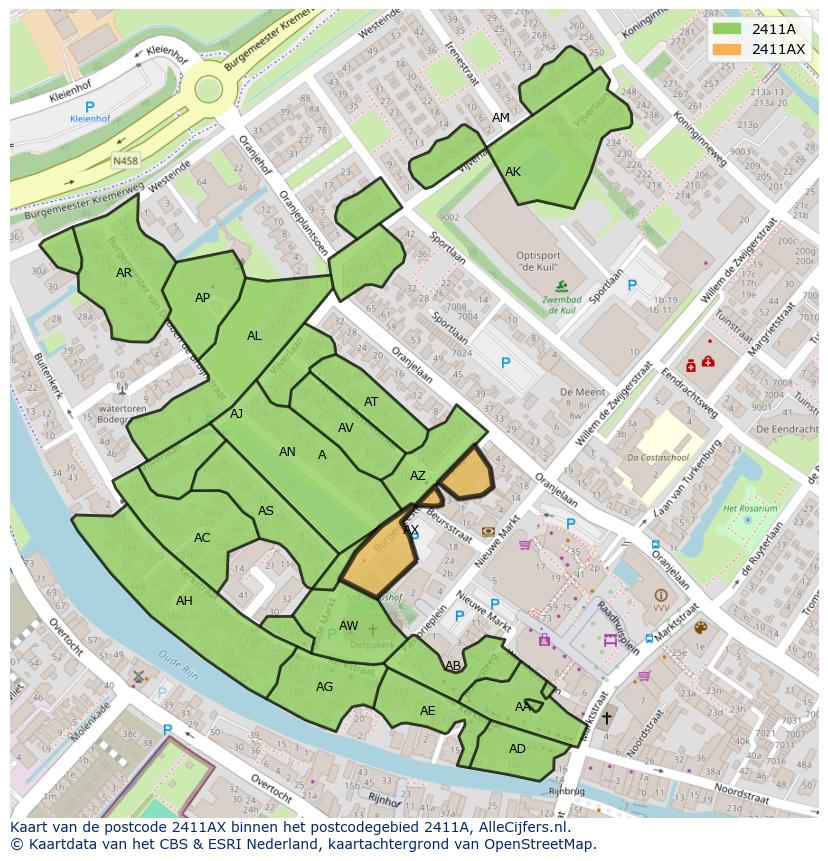 Afbeelding van het postcodegebied 2411 AX op de kaart.