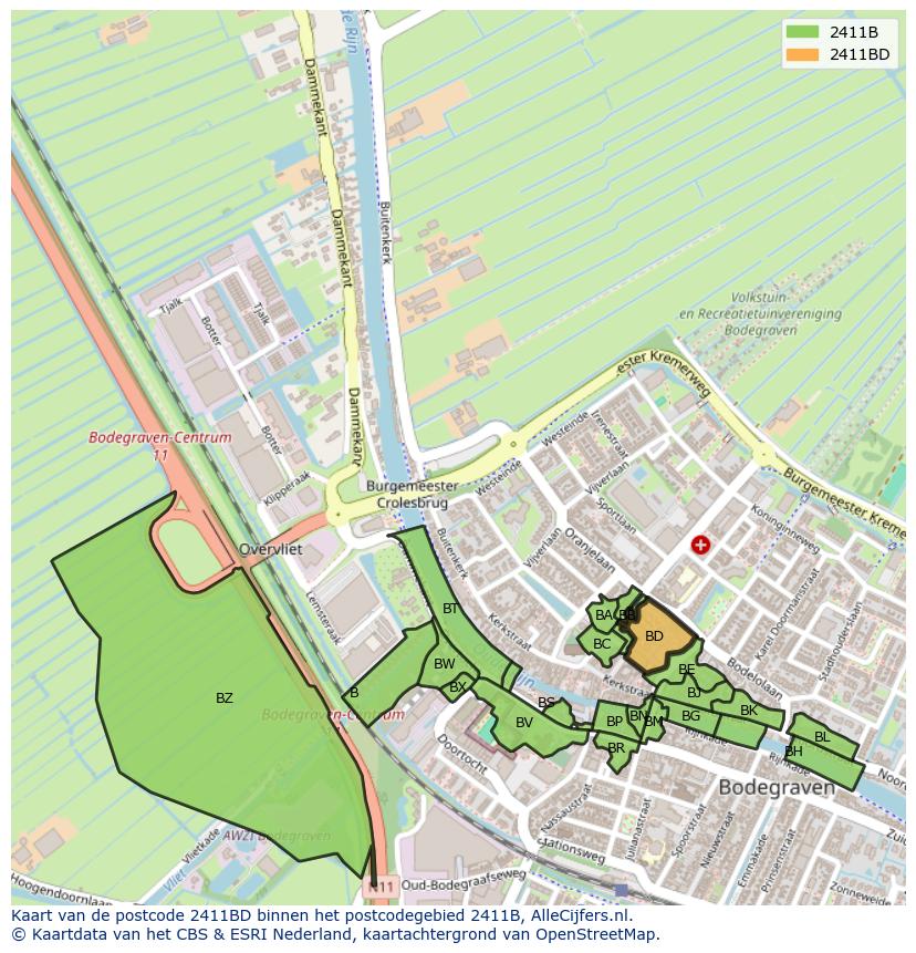 Afbeelding van het postcodegebied 2411 BD op de kaart.