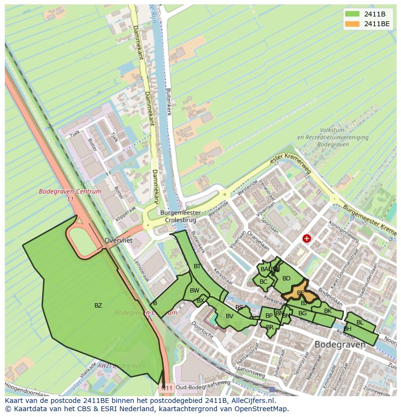 Afbeelding van het postcodegebied 2411 BE op de kaart.
