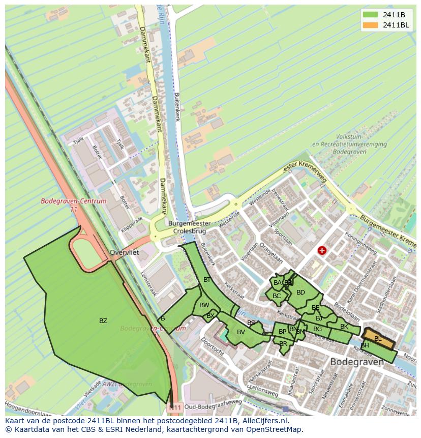 Afbeelding van het postcodegebied 2411 BL op de kaart.