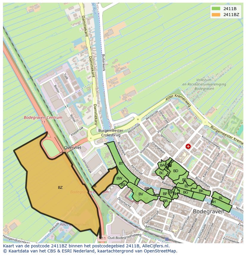Afbeelding van het postcodegebied 2411 BZ op de kaart.