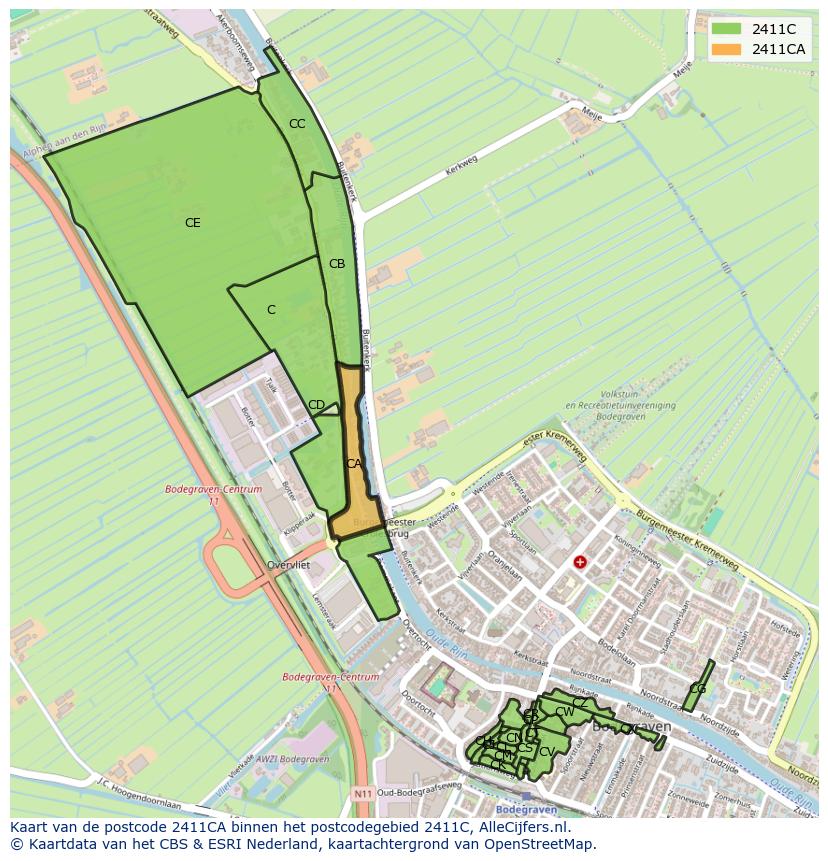 Afbeelding van het postcodegebied 2411 CA op de kaart.