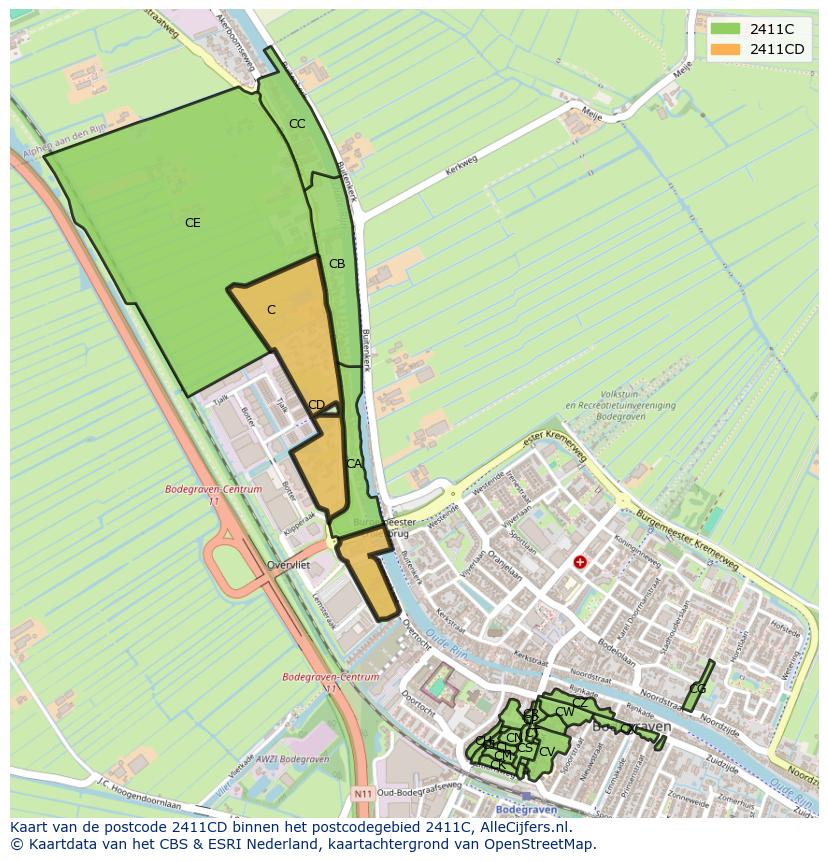 Afbeelding van het postcodegebied 2411 CD op de kaart.