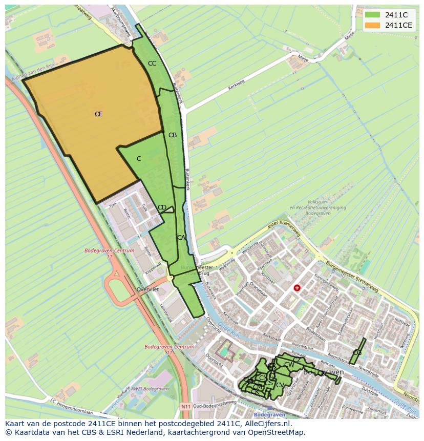 Afbeelding van het postcodegebied 2411 CE op de kaart.
