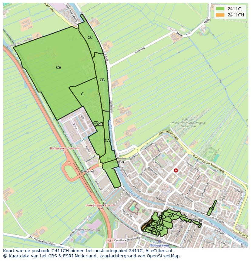 Afbeelding van het postcodegebied 2411 CH op de kaart.