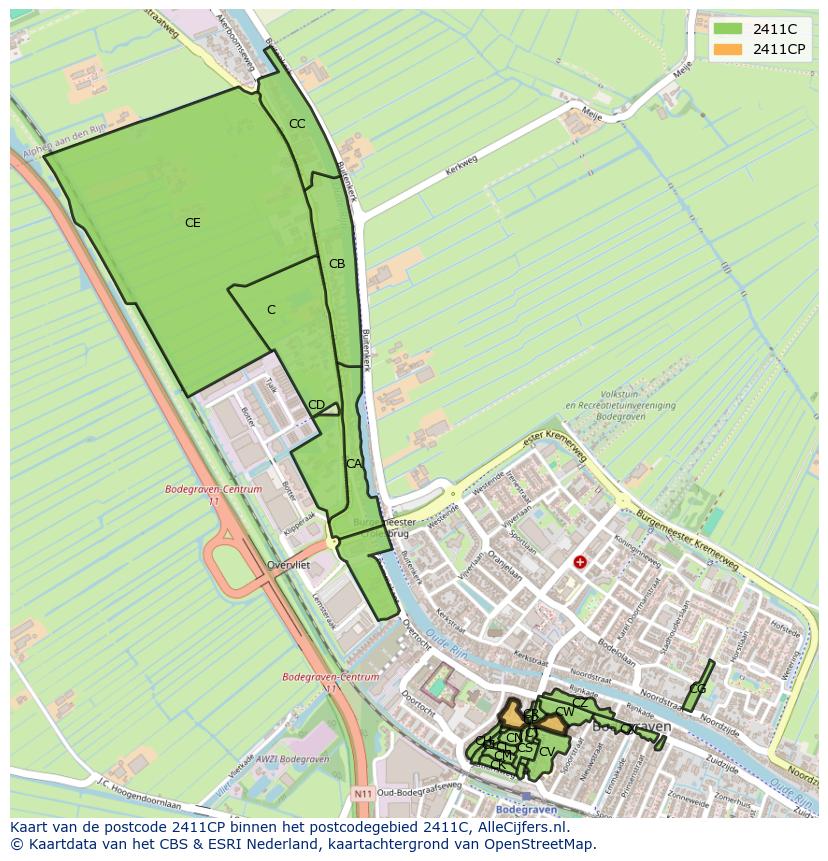 Afbeelding van het postcodegebied 2411 CP op de kaart.