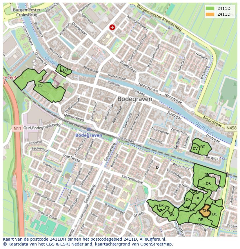 Afbeelding van het postcodegebied 2411 DH op de kaart.