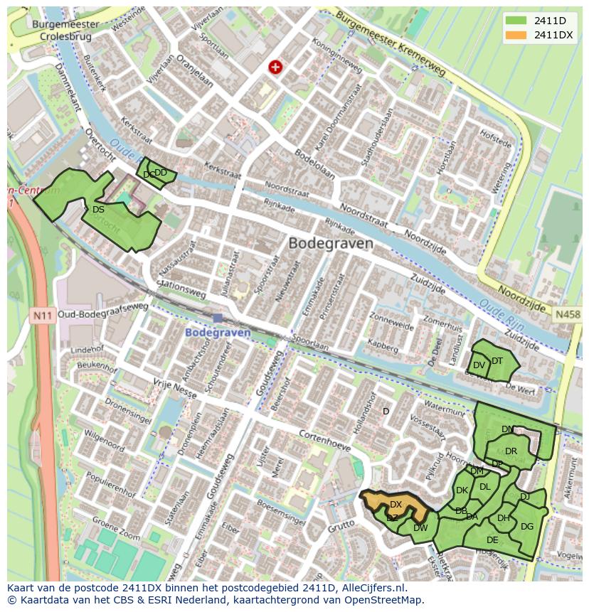 Afbeelding van het postcodegebied 2411 DX op de kaart.