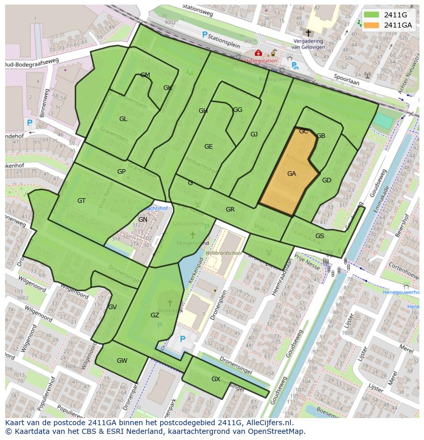 Afbeelding van het postcodegebied 2411 GA op de kaart.