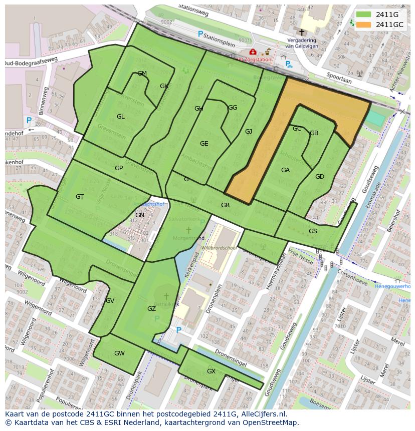 Afbeelding van het postcodegebied 2411 GC op de kaart.
