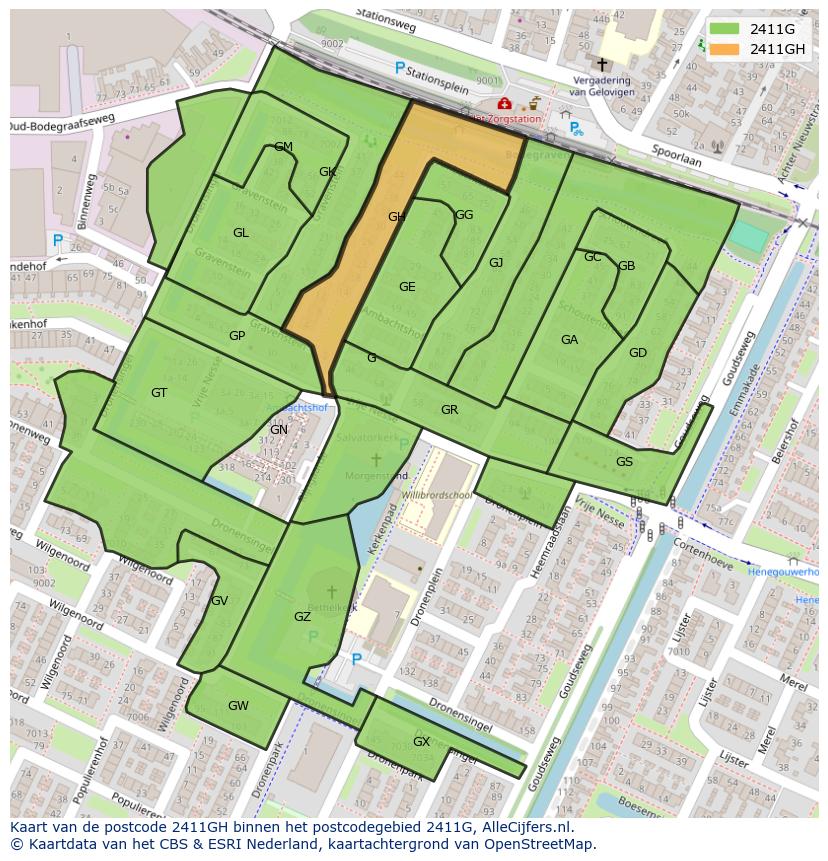 Afbeelding van het postcodegebied 2411 GH op de kaart.