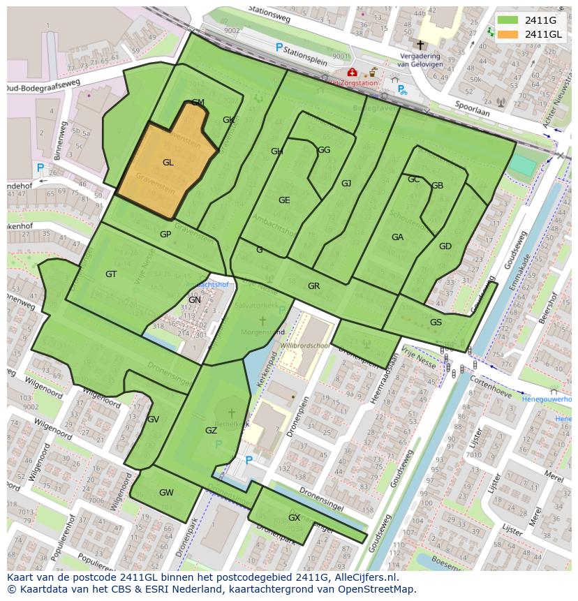 Afbeelding van het postcodegebied 2411 GL op de kaart.