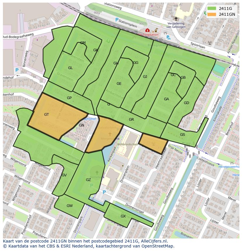 Afbeelding van het postcodegebied 2411 GN op de kaart.