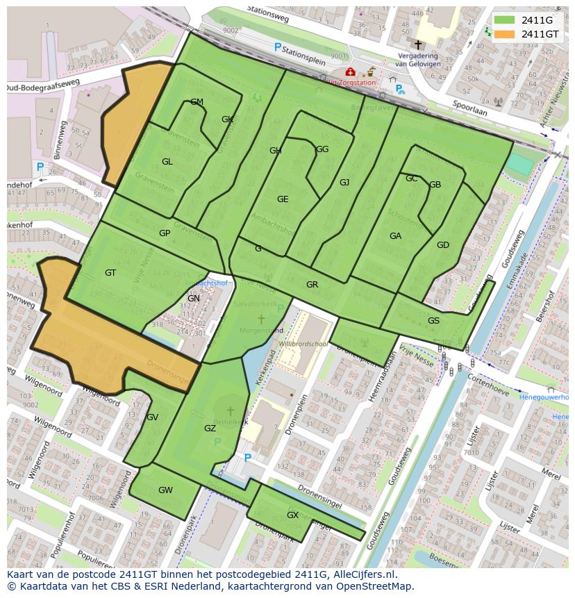 Afbeelding van het postcodegebied 2411 GT op de kaart.