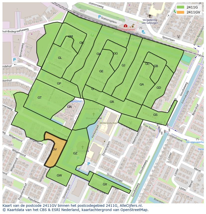 Afbeelding van het postcodegebied 2411 GV op de kaart.