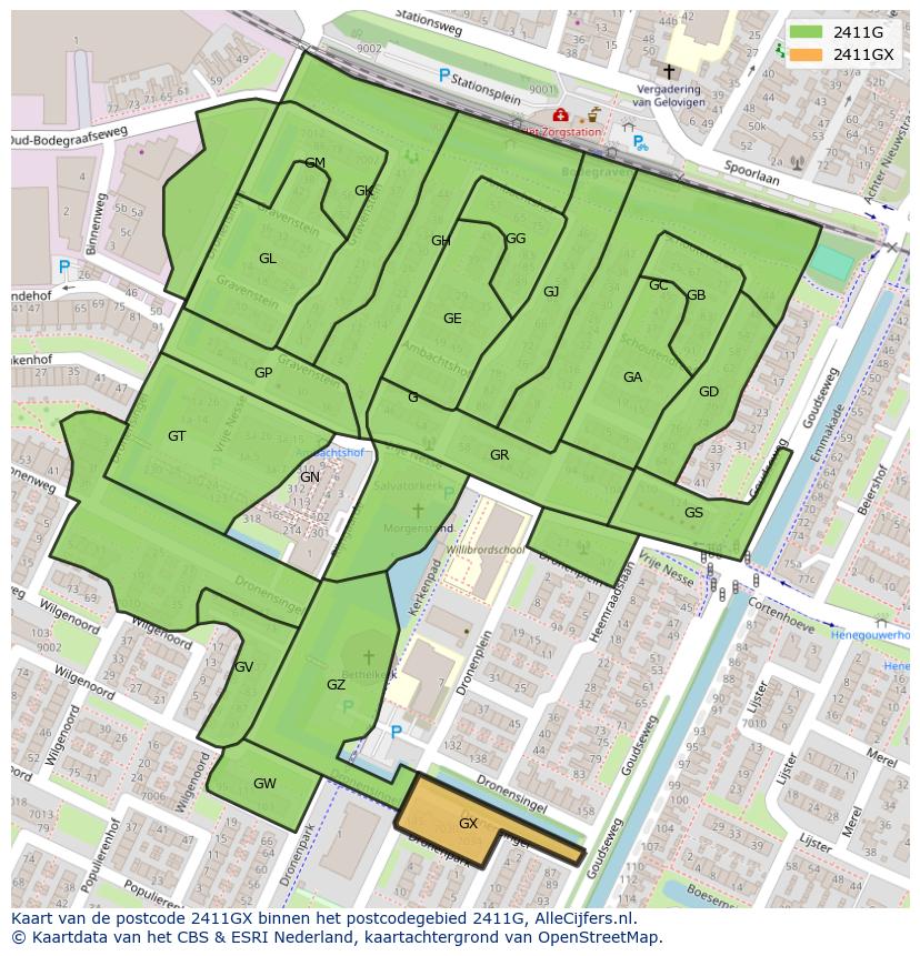 Afbeelding van het postcodegebied 2411 GX op de kaart.
