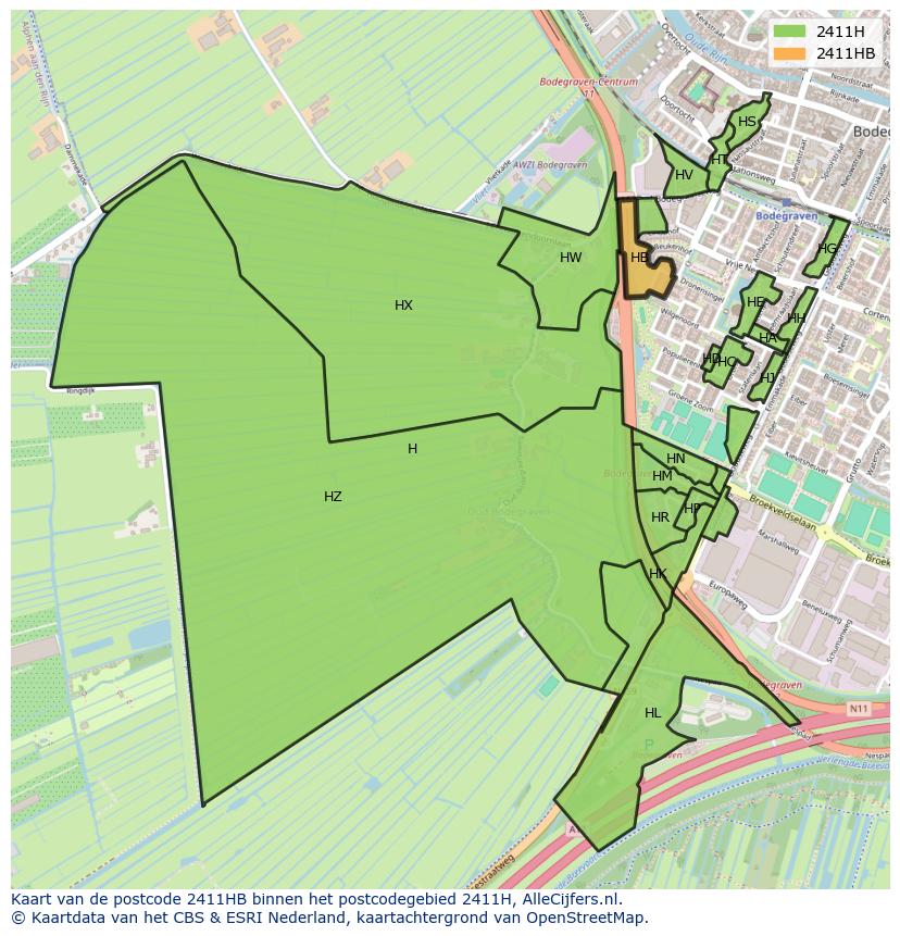 Afbeelding van het postcodegebied 2411 HB op de kaart.