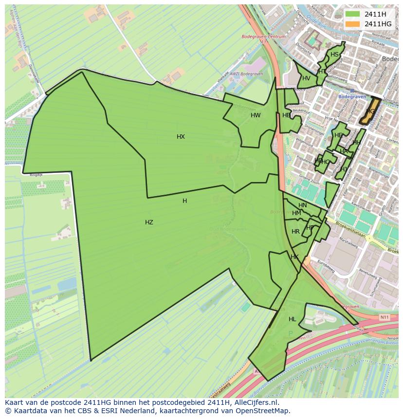 Afbeelding van het postcodegebied 2411 HG op de kaart.