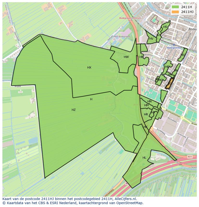Afbeelding van het postcodegebied 2411 HJ op de kaart.