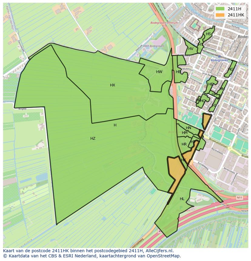 Afbeelding van het postcodegebied 2411 HK op de kaart.