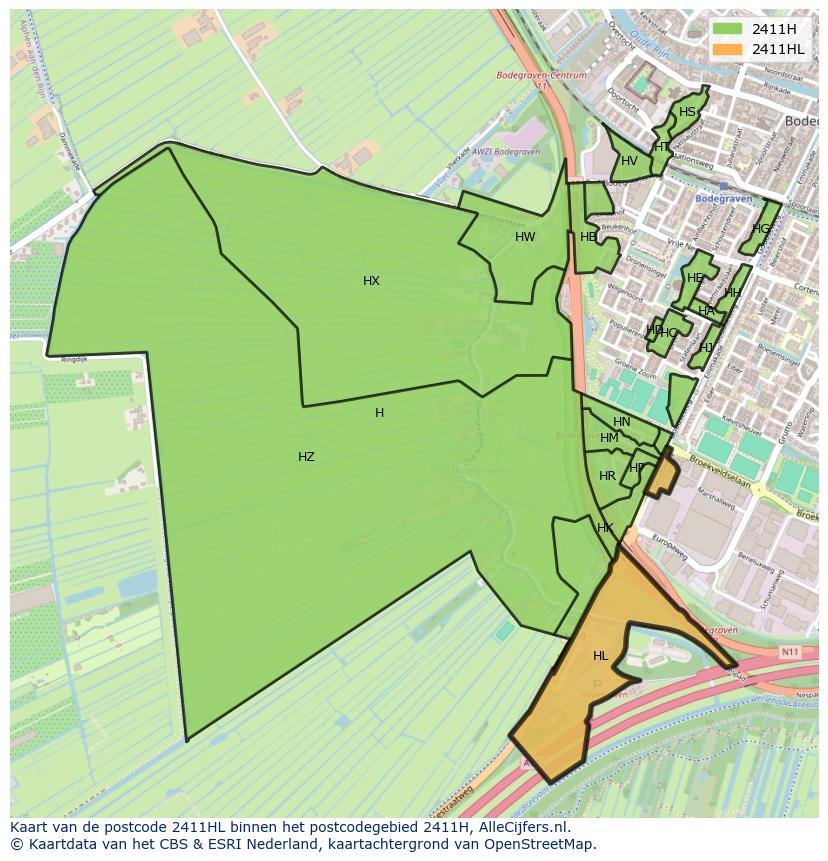 Afbeelding van het postcodegebied 2411 HL op de kaart.