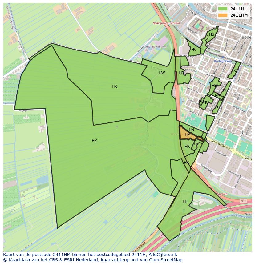 Afbeelding van het postcodegebied 2411 HM op de kaart.