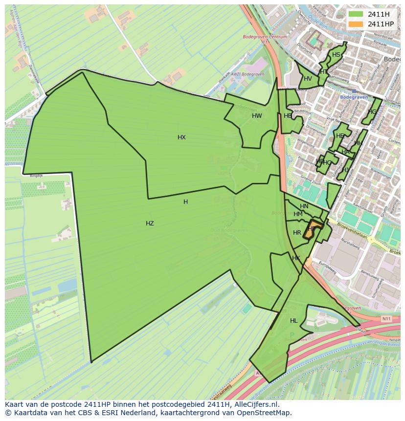 Afbeelding van het postcodegebied 2411 HP op de kaart.
