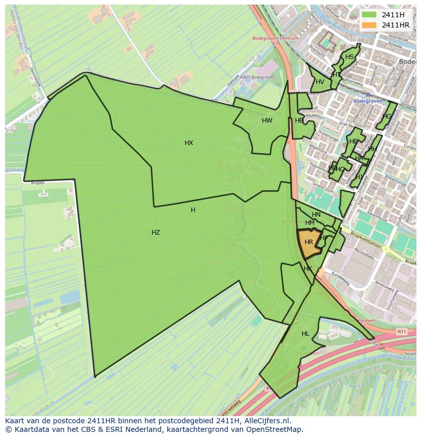 Afbeelding van het postcodegebied 2411 HR op de kaart.