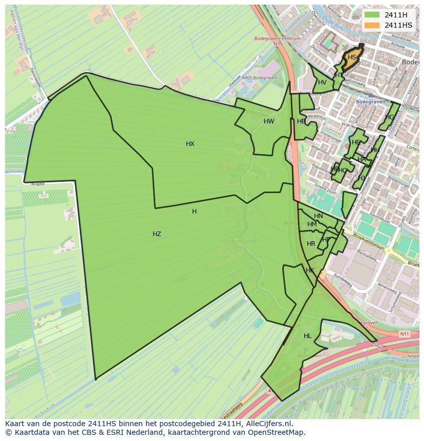 Afbeelding van het postcodegebied 2411 HS op de kaart.