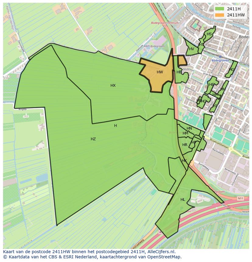 Afbeelding van het postcodegebied 2411 HW op de kaart.