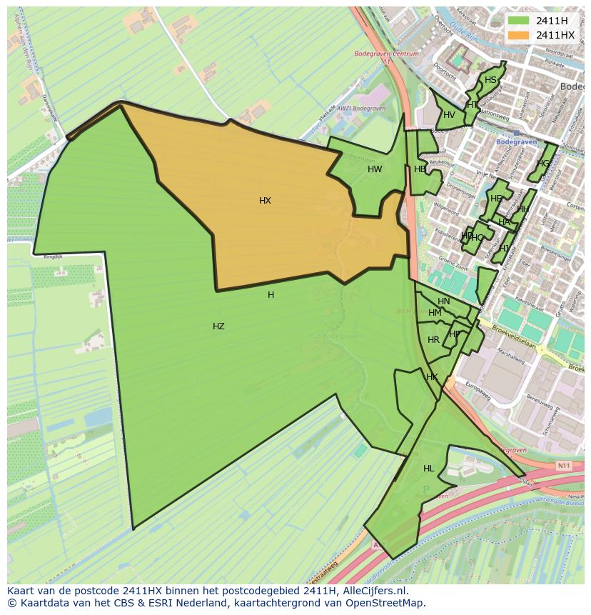 Afbeelding van het postcodegebied 2411 HX op de kaart.