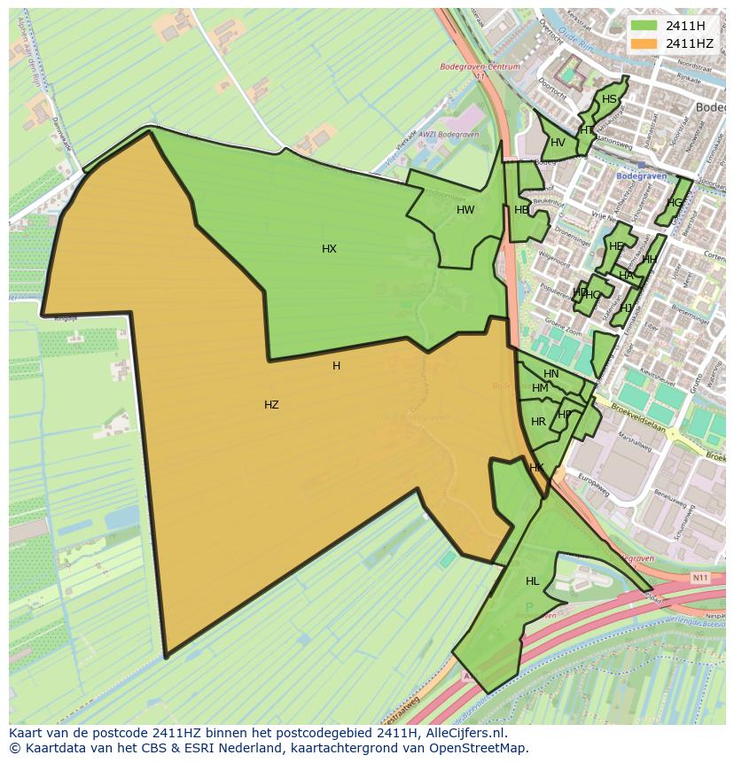 Afbeelding van het postcodegebied 2411 HZ op de kaart.