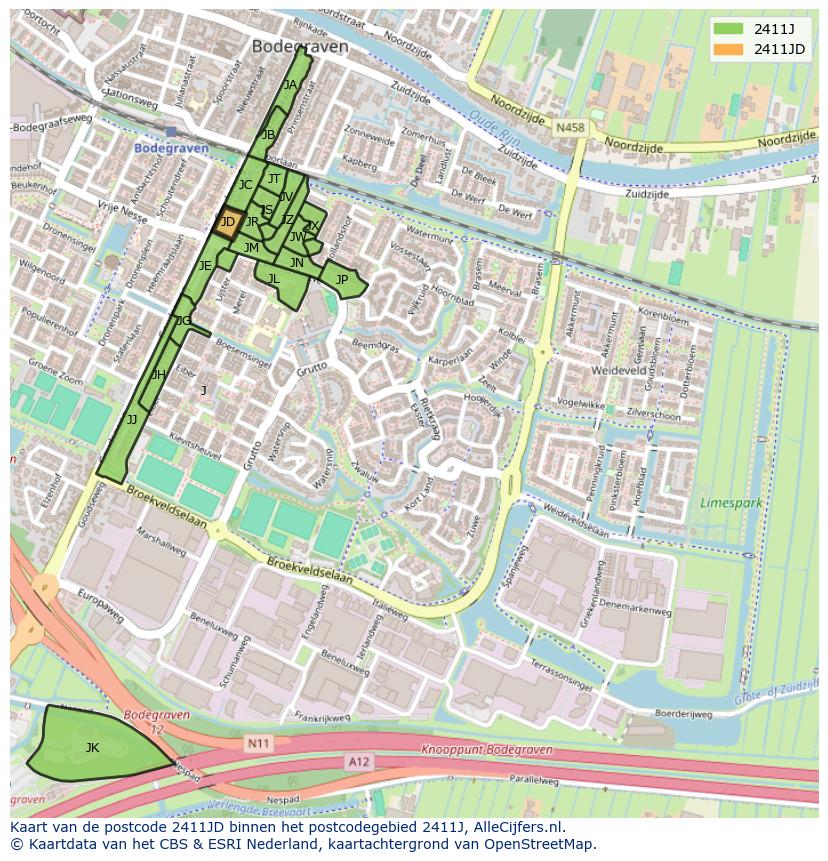 Afbeelding van het postcodegebied 2411 JD op de kaart.