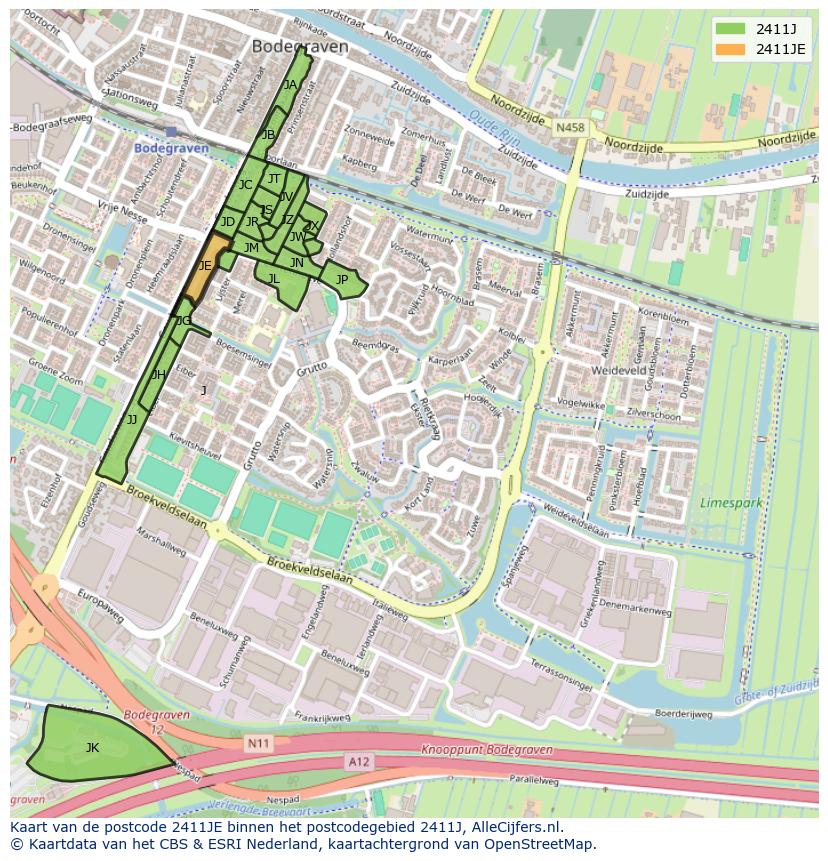Afbeelding van het postcodegebied 2411 JE op de kaart.
