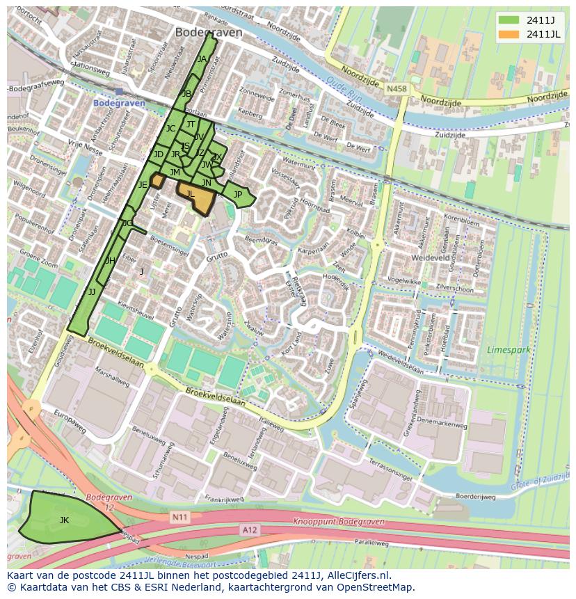 Afbeelding van het postcodegebied 2411 JL op de kaart.